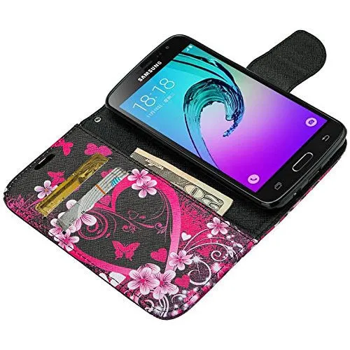 Galaxy J3 Emerge Case, Wrist Strap Magnetic Fold[Kickstand] Pu Leather Wallet Case with ID & Credit Card Slots for Samsung Galaxy J3 Emerge - Heart Butterflies