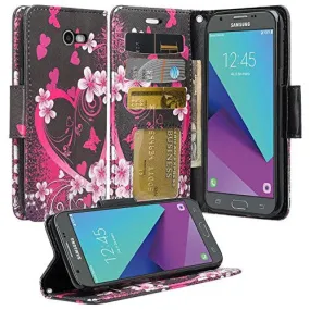 Galaxy J3 Emerge Case, Wrist Strap Magnetic Fold[Kickstand] Pu Leather Wallet Case with ID & Credit Card Slots for Samsung Galaxy J3 Emerge - Heart Butterflies