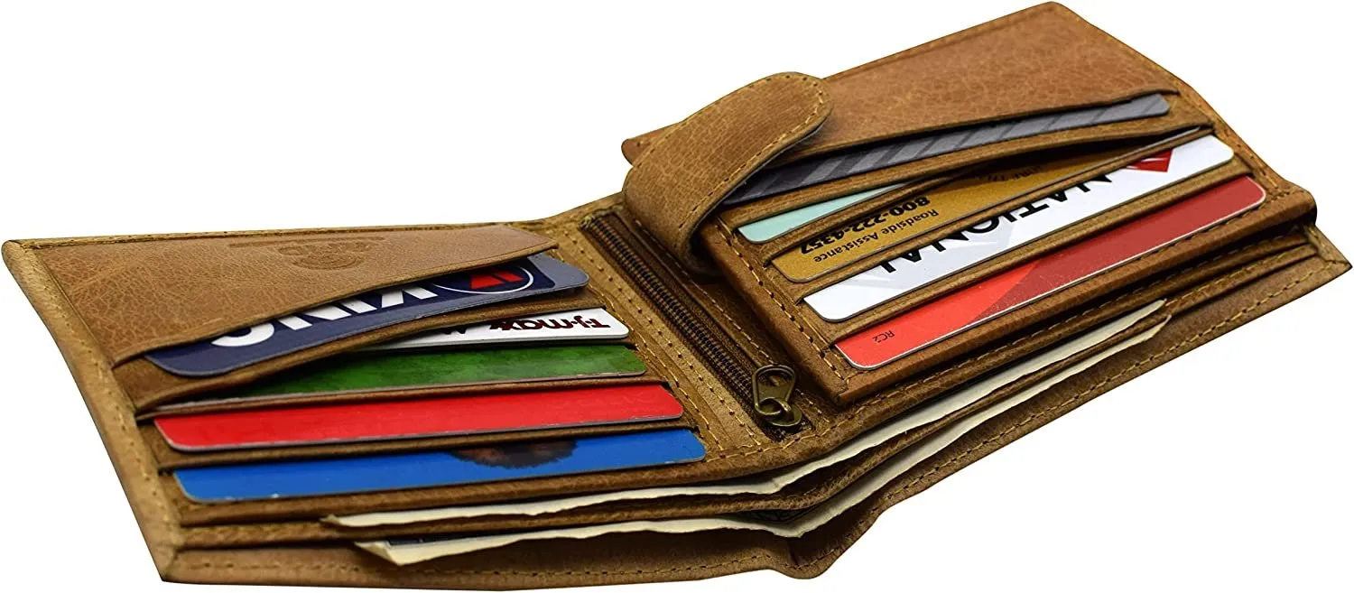 Genuine Leather Men's RFID Blocking Extra Capacity Expandable Snap Bifold Tan Wallet for Men