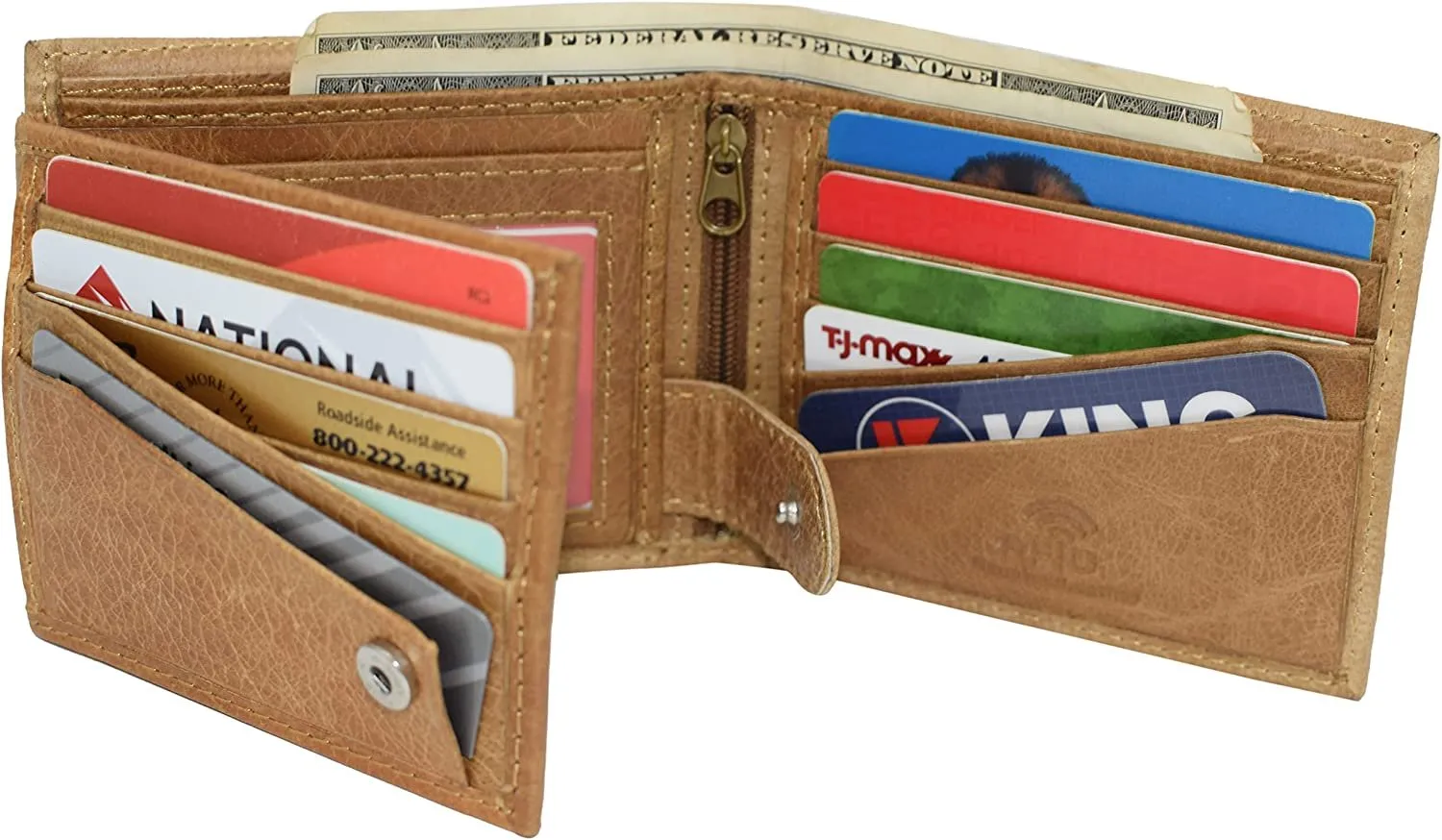 Genuine Leather Men's RFID Blocking Extra Capacity Expandable Snap Bifold Tan Wallet for Men