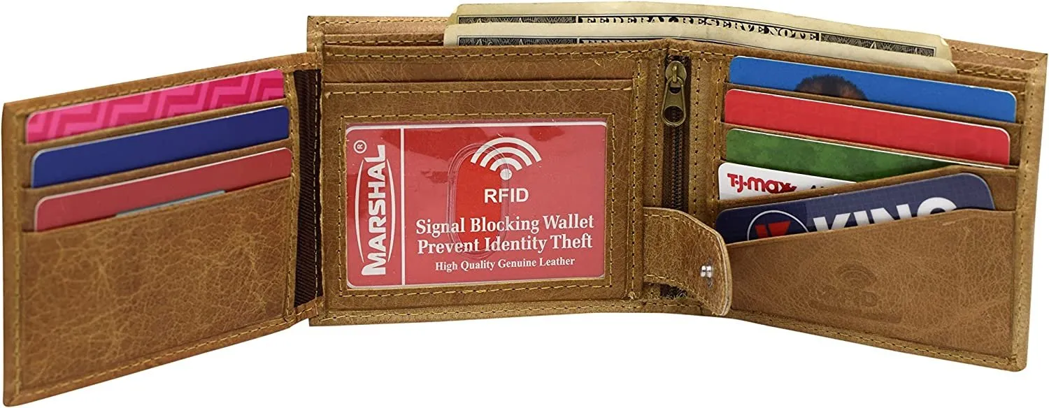 Genuine Leather Men's RFID Blocking Extra Capacity Expandable Snap Bifold Tan Wallet for Men