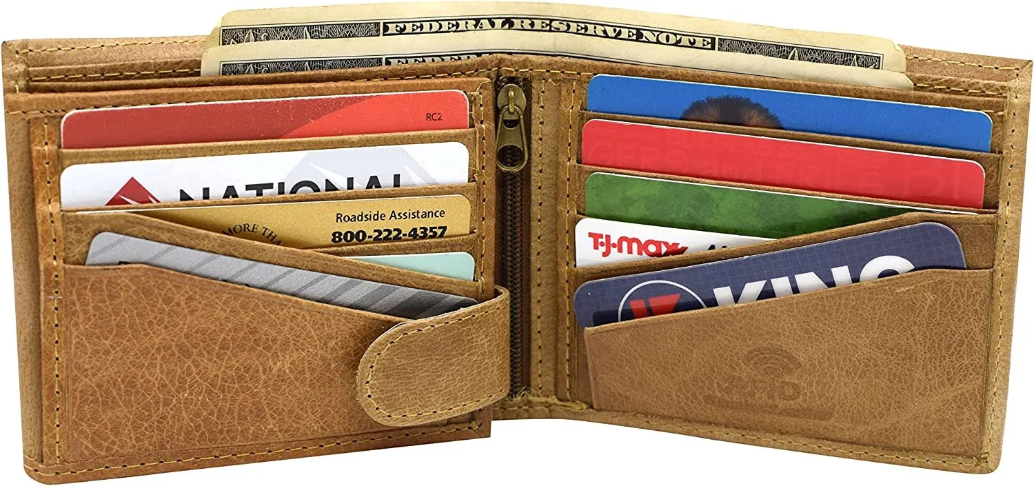 Genuine Leather Men's RFID Blocking Extra Capacity Expandable Snap Bifold Tan Wallet for Men