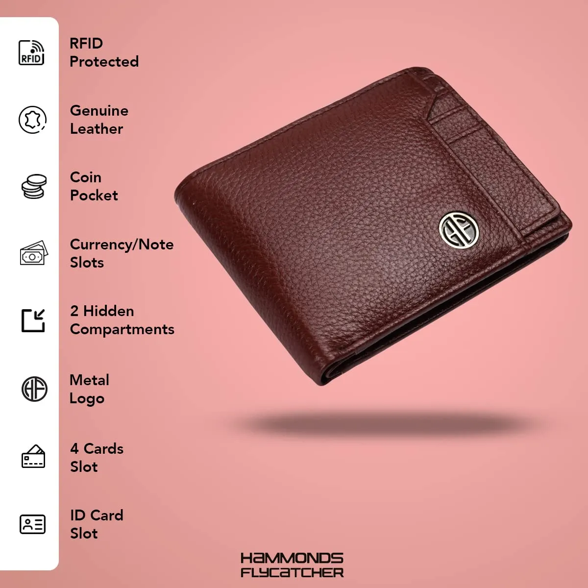 HAMMONDS FLYCATCHER Genuine Leather Wallet for Men - RFID Protected Leather Purse for Men, Money Purse for Men, Bi-Fold Wallet - 6 Card Slots, 1 Card Case, Coin Pocket, Hidden Pockets - Brown