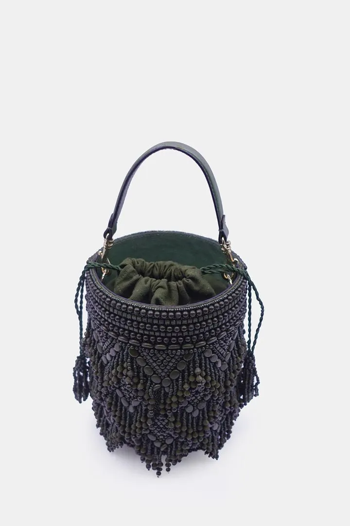 Handcrafted olive green potli bag adorned with intricate bead embellishments