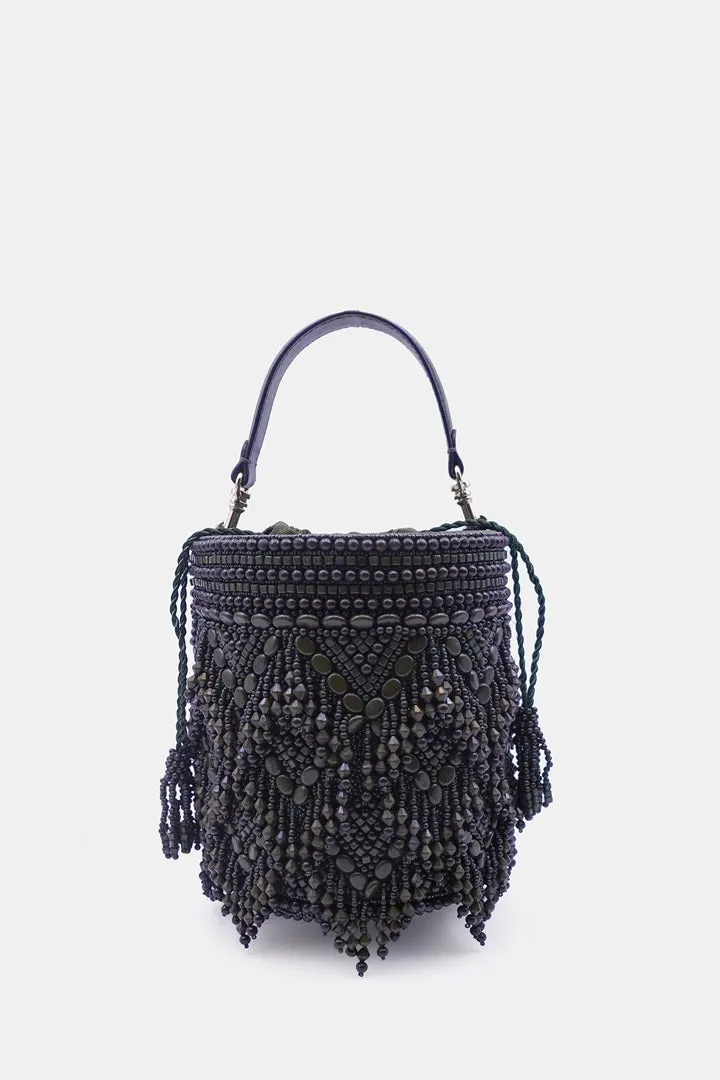 Handcrafted olive green potli bag adorned with intricate bead embellishments