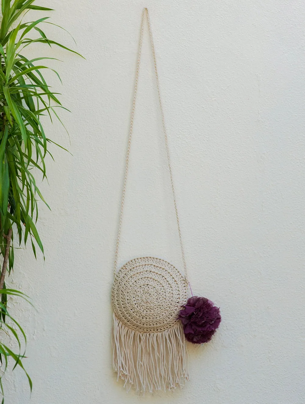 Handknotted Macrame Fringe Sling Bag - Round, Ivory