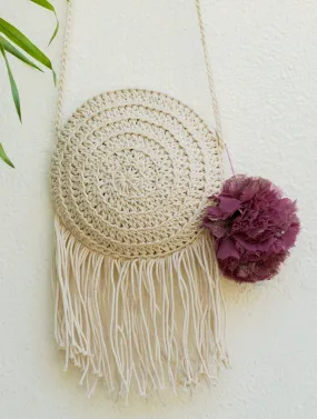 Handknotted Macrame Fringe Sling Bag - Round, Ivory