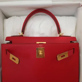 Hermès Kelly HSS 28 Rouge Casaque/Etoupe Sellier Epsom Brushed Gold Hardware BGHW