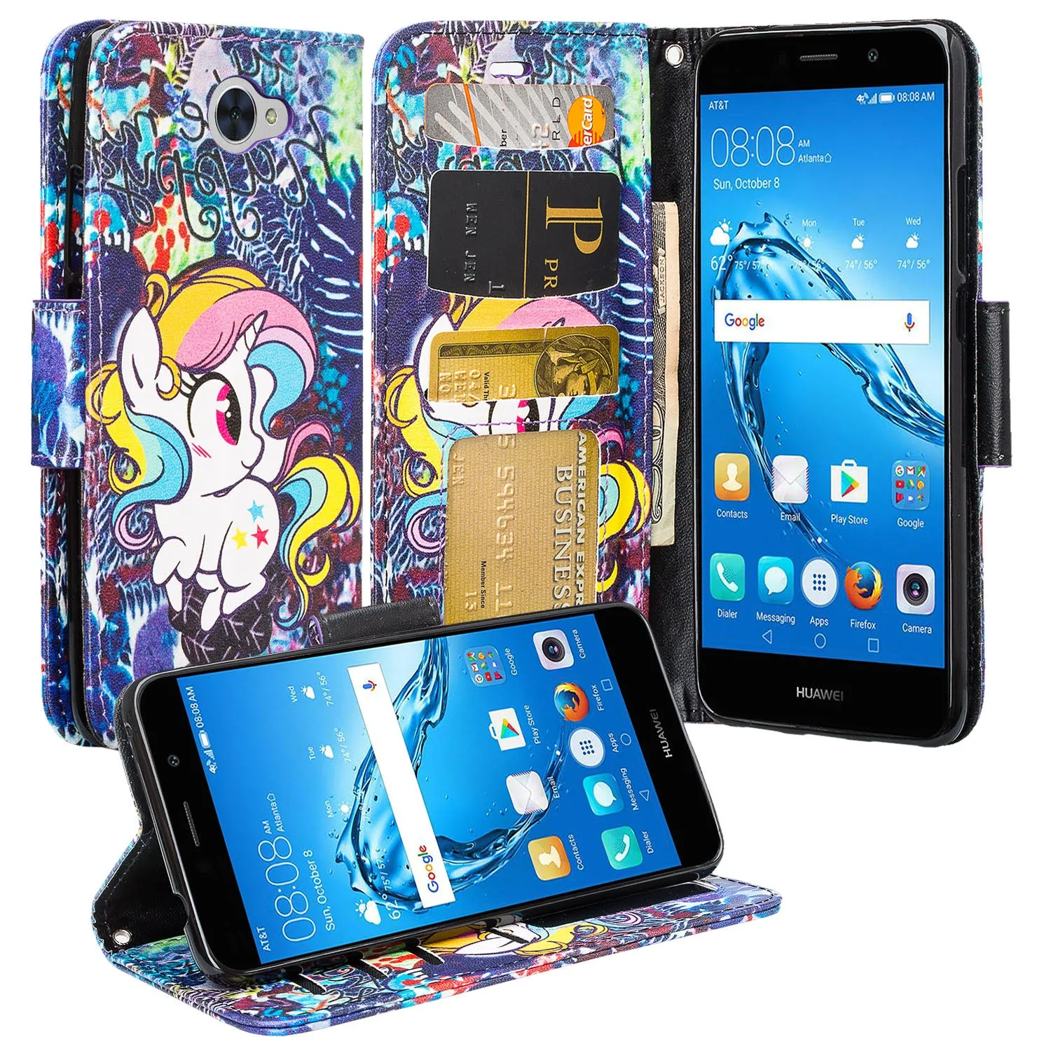 Huawei Ascend XT 2 Case, Elate 4G Case, H1711 Case, Slim Flip Fold [Kickstand] Pu Leather Wallet Cover with Card Slots & Pocket   Wrist Strap - Rainbow Unicorn