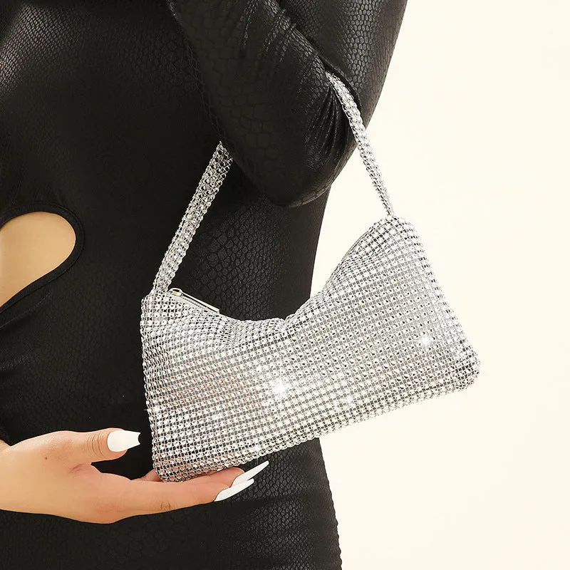 Imitation Mesh Rhinestone One Shoulder Evening  Bag