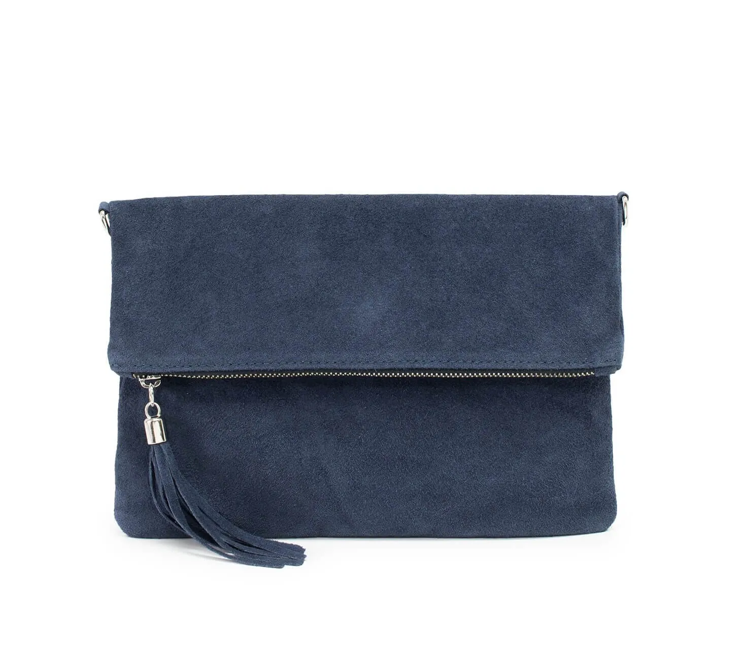 Italian Designer Foldover Plain Suede Leather Clutch-Eleganza Navy