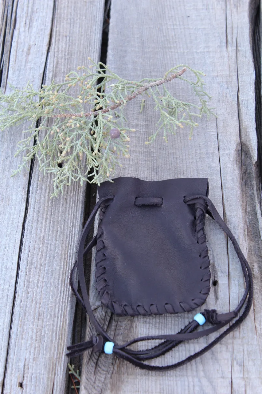 Leather drawstring pouch, brown leather crystal pouch, amulet bag