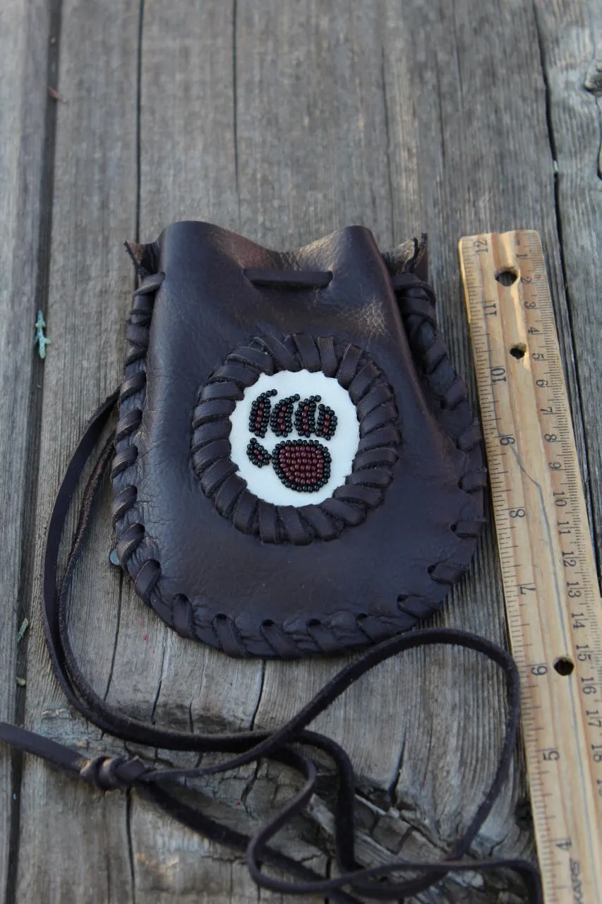 Leather medicine bag, beaded bear paw bag