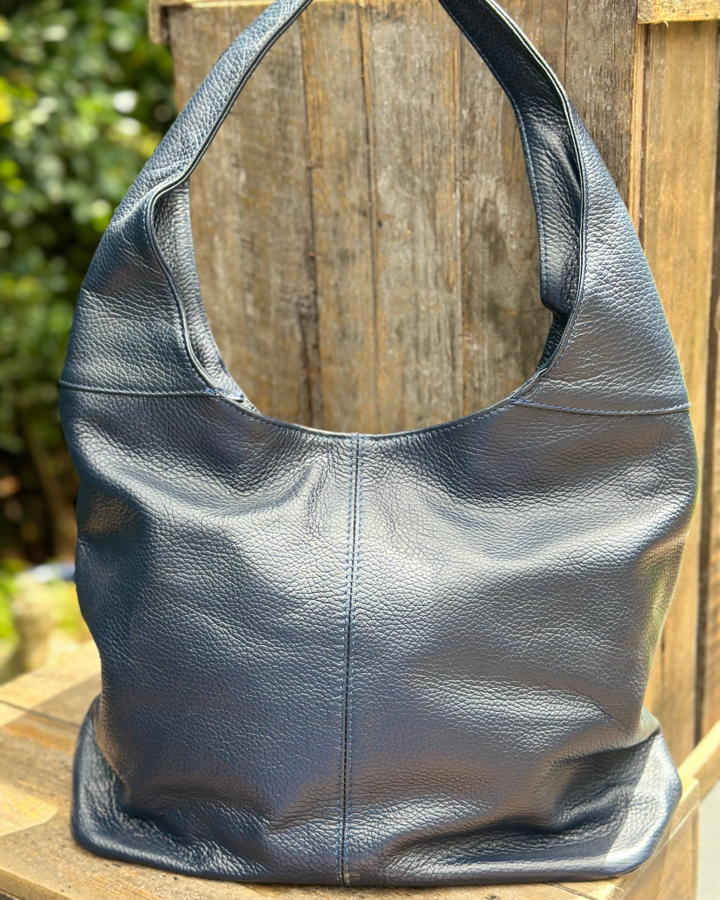 Leather Slouch Bag - Navy