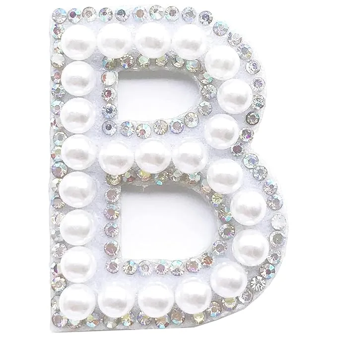 Letter B White Pearl Rhinestone Hot fix Or Sew Patch