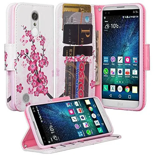 LG Aristo Case, K4 2017, K8 2017, Risio 2, Phoenix 3, Fortune, Wrist Strap Magnetic Fold[Kickstand] Pu Leather Wallet Case Cover with Card Slots - Cherry Blossom