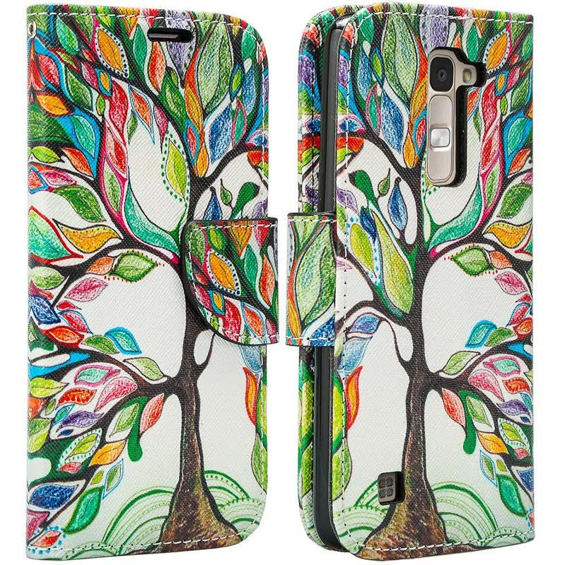 LG K8 | LG Phoenix 2 | LG Escape 3 Wallet Case, Wrist Strap [Kickstand] Pu Leather Wallet Case with ID & Credit Card Slots for LG K8 | LG Phoenix 2 | LG Escape 3 - Colorful Tree