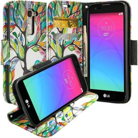 LG K8 | LG Phoenix 2 | LG Escape 3 Wallet Case, Wrist Strap [Kickstand] Pu Leather Wallet Case with ID & Credit Card Slots for LG K8 | LG Phoenix 2 | LG Escape 3 - Colorful Tree