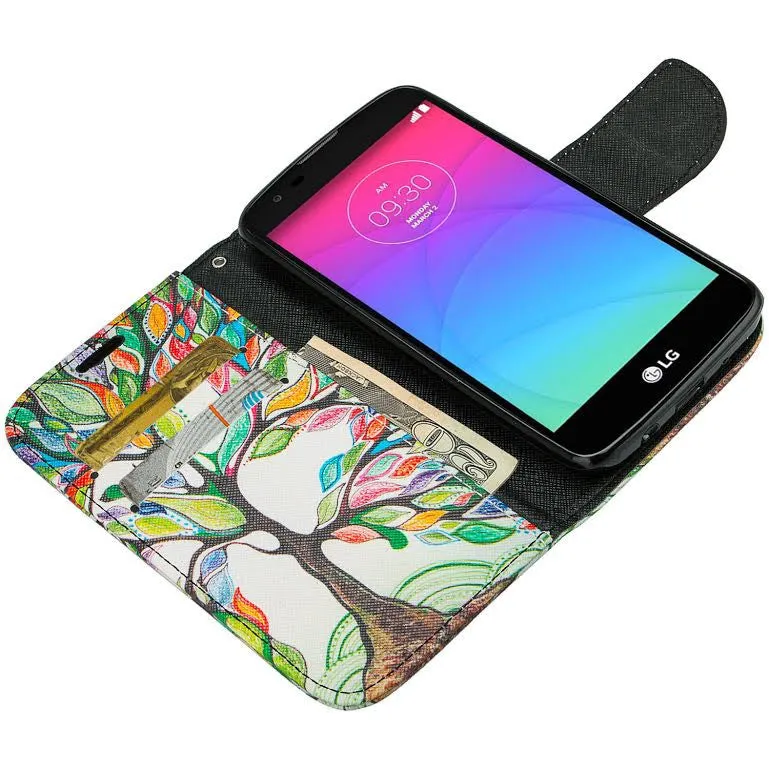 LG K8 | LG Phoenix 2 | LG Escape 3 Wallet Case, Wrist Strap [Kickstand] Pu Leather Wallet Case with ID & Credit Card Slots for LG K8 | LG Phoenix 2 | LG Escape 3 - Colorful Tree