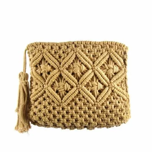 Macrame Clutch with Tassel, Tan