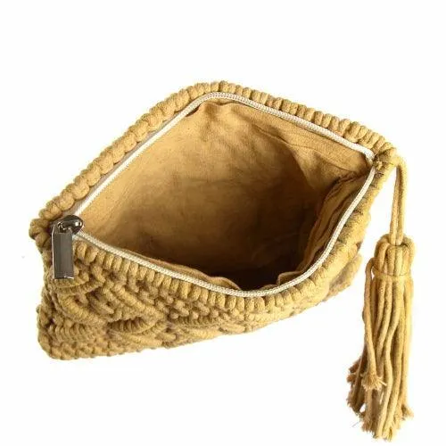 Macrame Clutch with Tassel, Tan