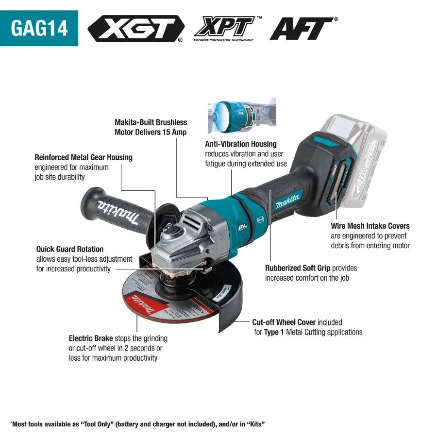 Makita GAG14M1 40V max XGT® Brushless Cordless 4‑1/2” / 6" Paddle Switch Angle Grinder Kit, with Electric Brake (4.0Ah)