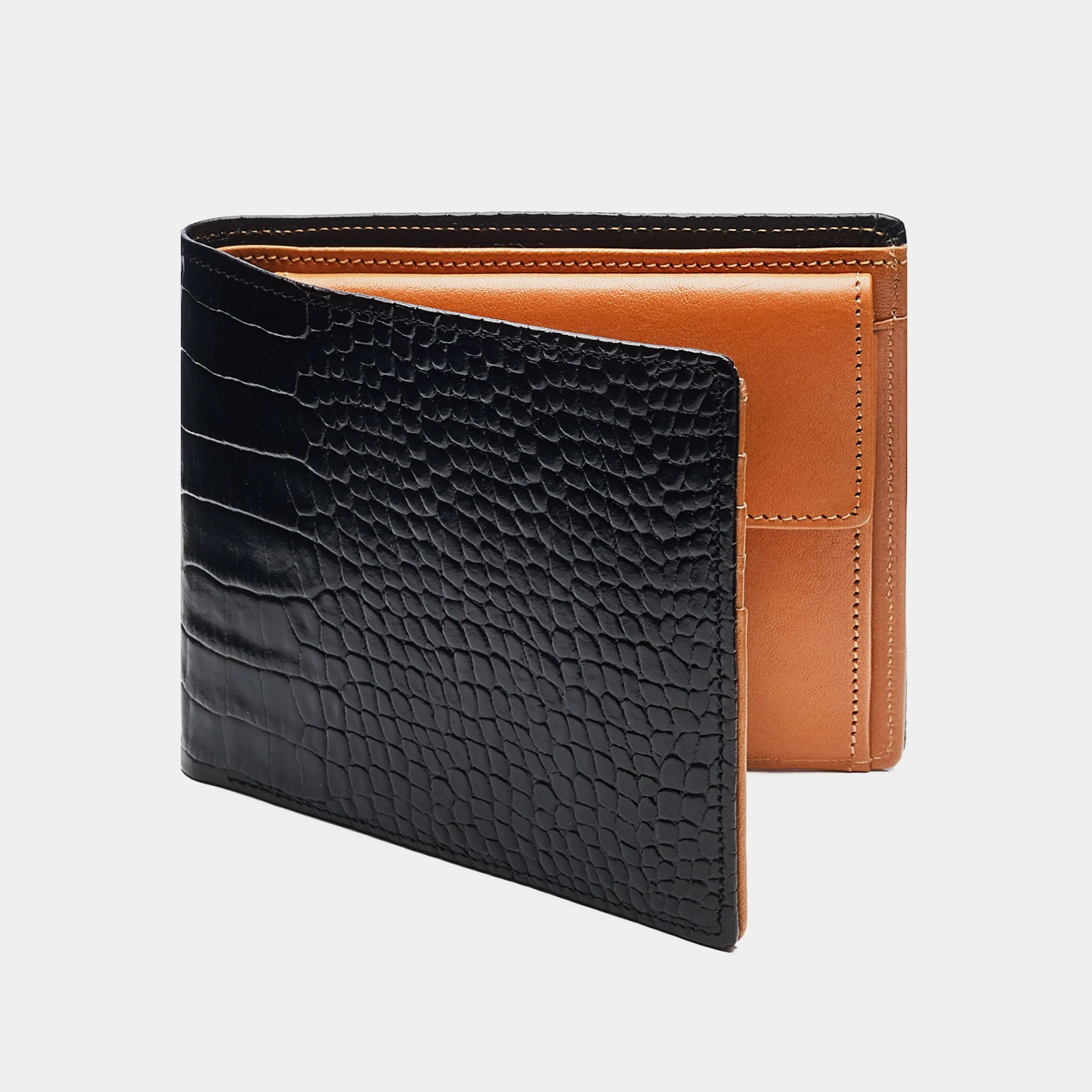 Men's Wallet in Black Croc and Cognac