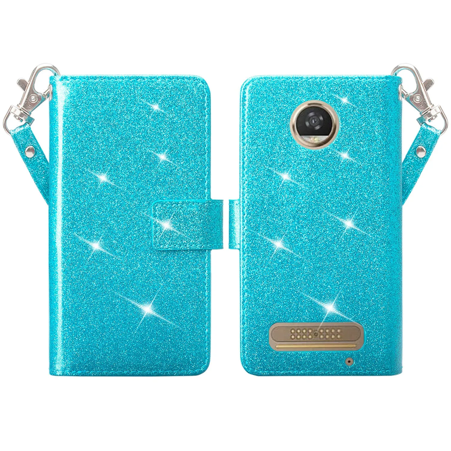 Motorola Moto Z2 Play Case, Moto Z2 Play wallet Case, [Wrist Strap] Glitter Faux Leather Flip [Kickstand Feature] Protective Wallet Case Clutch - Teal