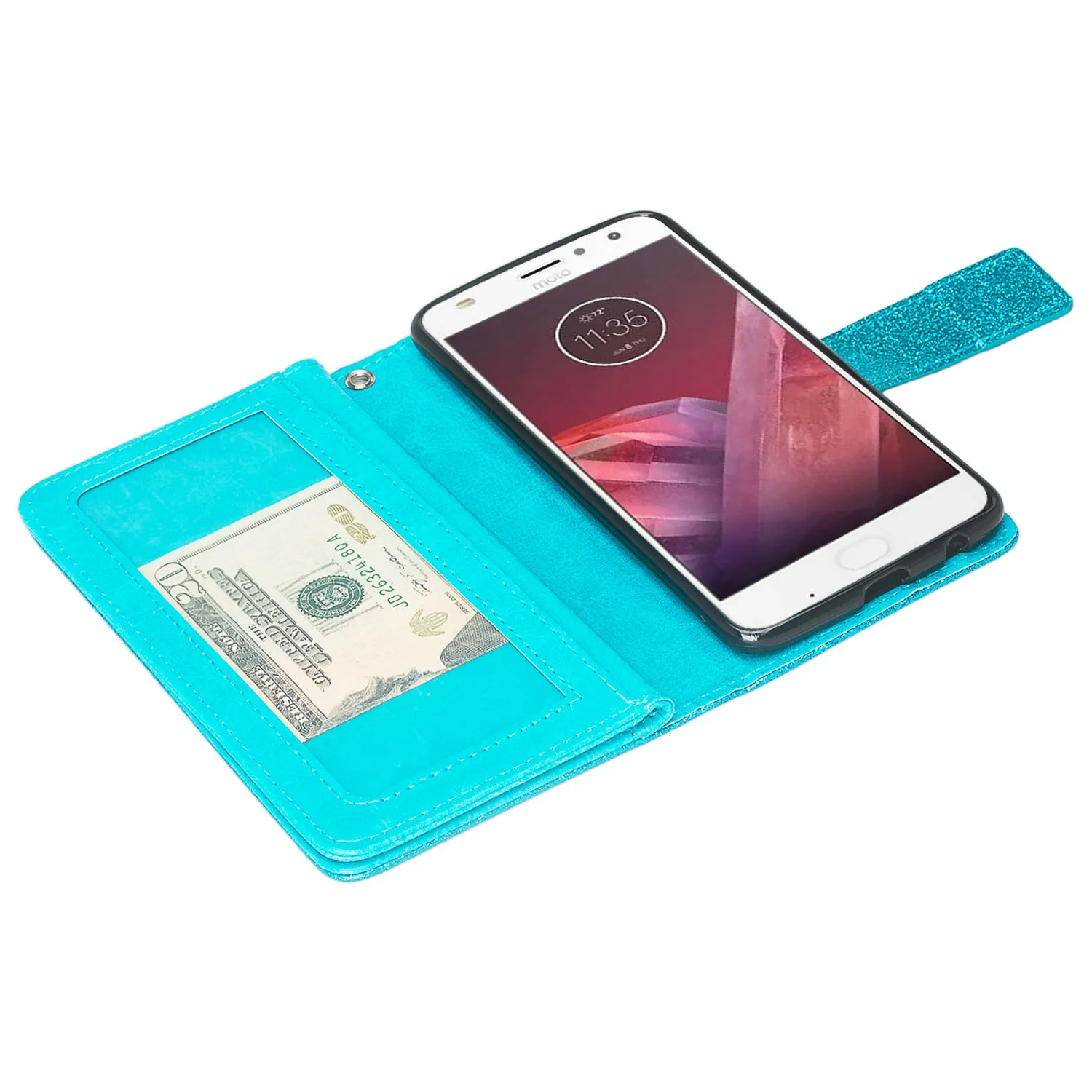 Motorola Moto Z2 Play Case, Moto Z2 Play wallet Case, [Wrist Strap] Glitter Faux Leather Flip [Kickstand Feature] Protective Wallet Case Clutch - Teal