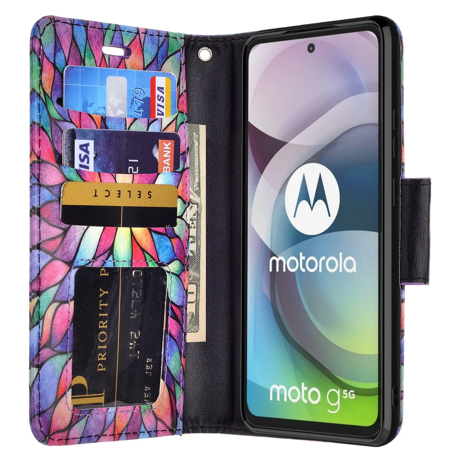 Motorola one 5G ace Case, Motorola one 5G ace Wallet Case, Wrist Strap Pu Leather Wallet Case [Kickstand] with ID & Credit Card Slots - Rainbow Flower