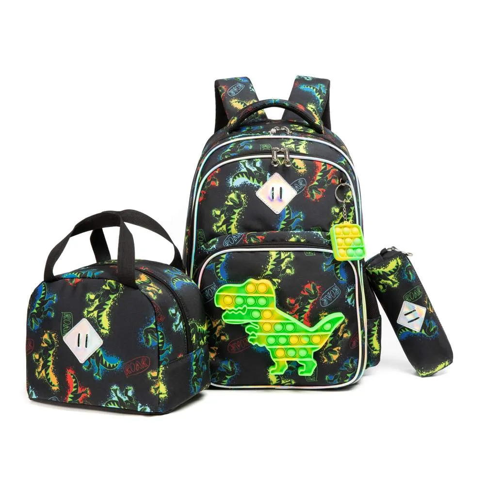 (NET) Dinosaur Design School Bags for Boys With Lunch Bags Set Of 3 Pcs