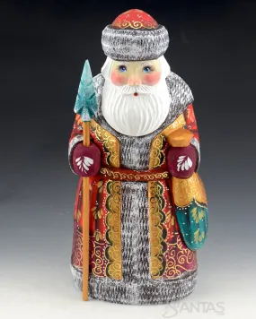 Ornamental Russian Santa with Teal and Gold Toy Bag