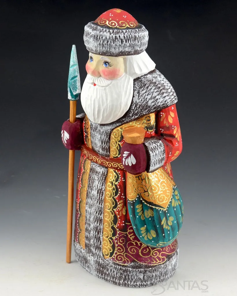 Ornamental Russian Santa with Teal and Gold Toy Bag