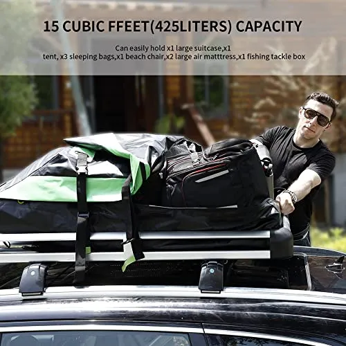 Premium Rooftop Cargo Carrier Bag ,100% Waterproof Car Roof Bag, 15 Cubic Ft, Cargo Bag Carrier for Top of Vehicle with Rack or Without,Heavy-Duty (15 Cubic Ft Green)