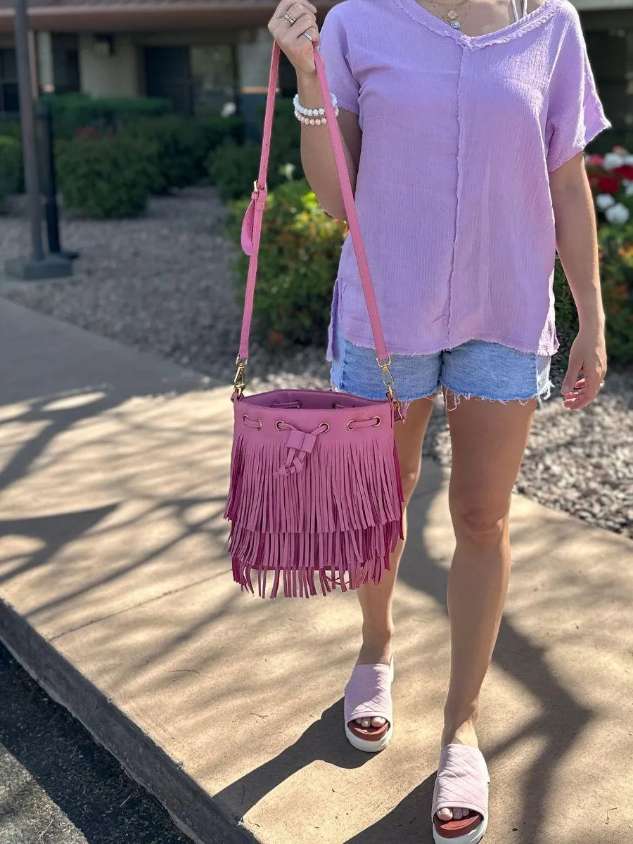 Put a Little Fringe in Your Pink Vegan Leather Fringe Bag