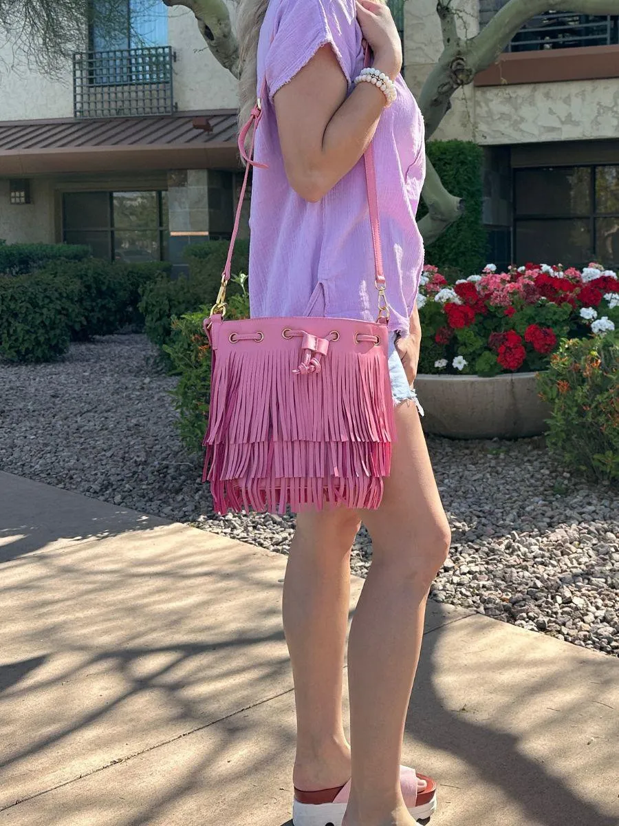 Put a Little Fringe in Your Pink Vegan Leather Fringe Bag