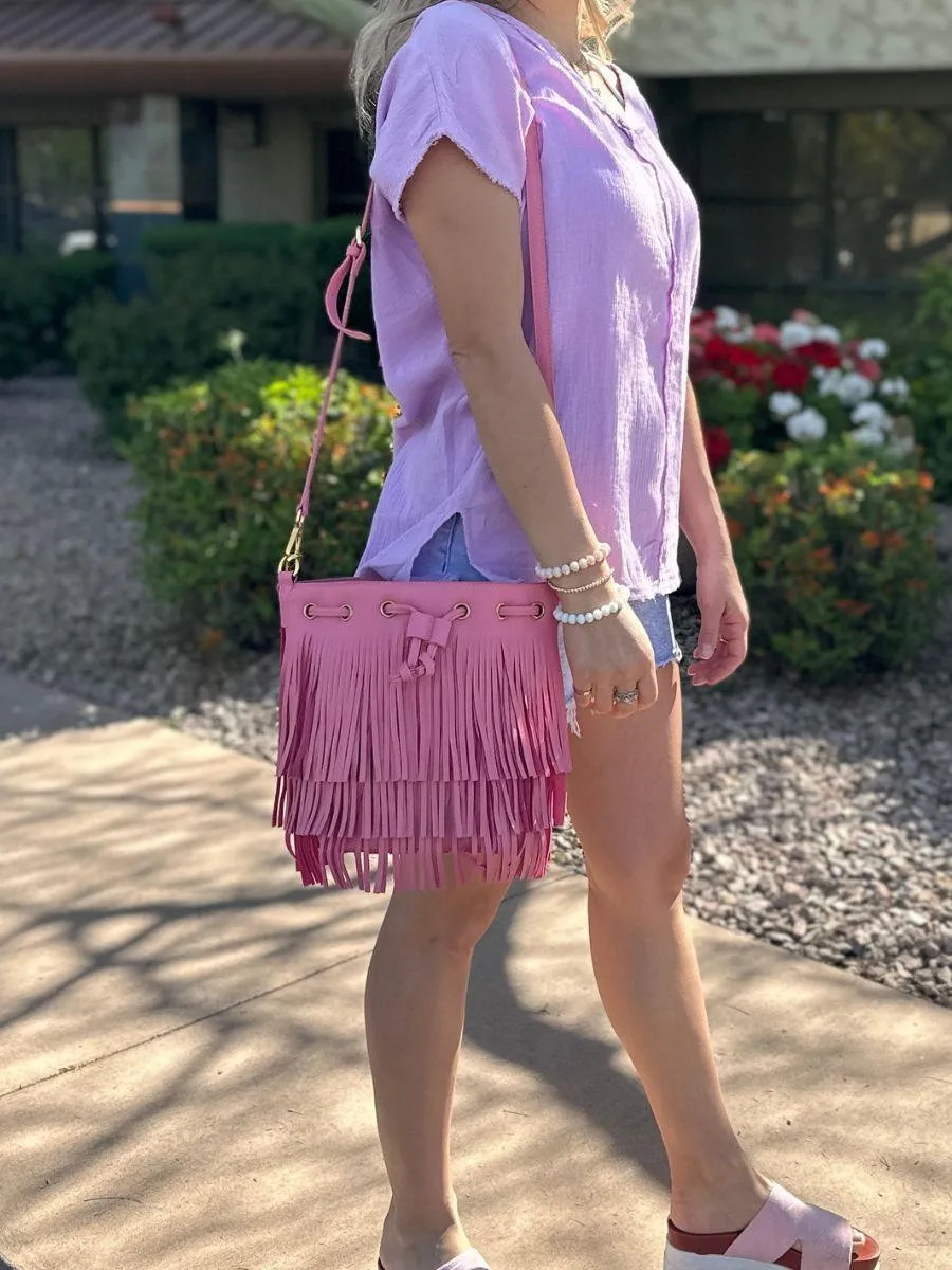 Put a Little Fringe in Your Pink Vegan Leather Fringe Bag