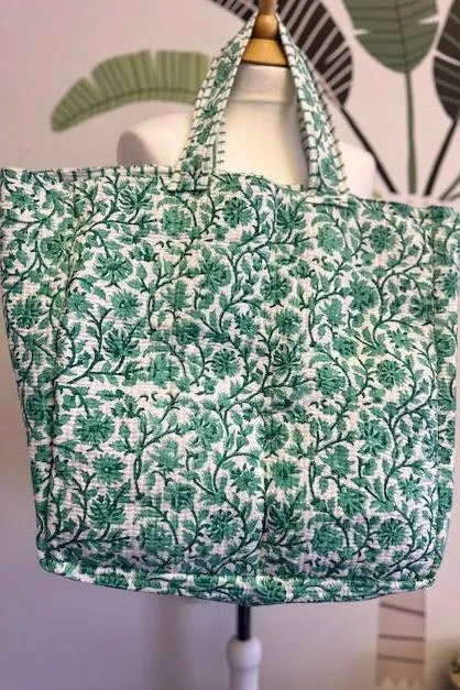 Quilted cotton tote bag, beach Bag, XL green and white block print tote bag. Large cotton beach bag