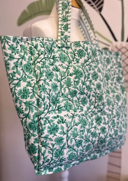 Quilted cotton tote bag, beach Bag, XL green and white block print tote bag. Large cotton beach bag