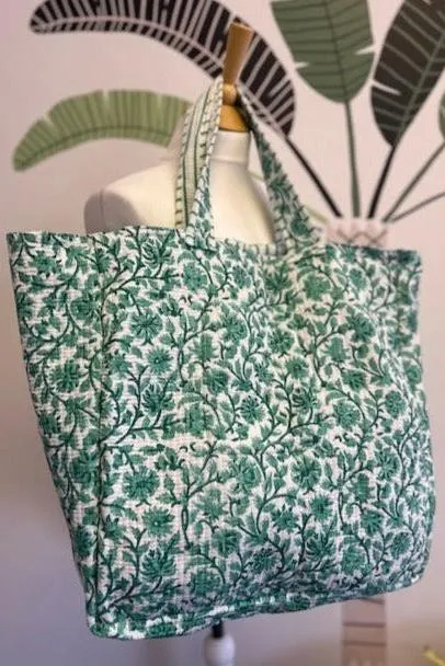 Quilted cotton tote bag, beach Bag, XL green and white block print tote bag. Large cotton beach bag