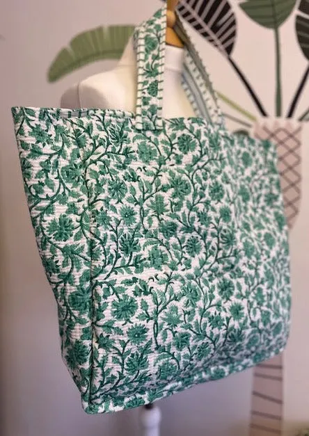 Quilted cotton tote bag, beach Bag, XL green and white block print tote bag. Large cotton beach bag