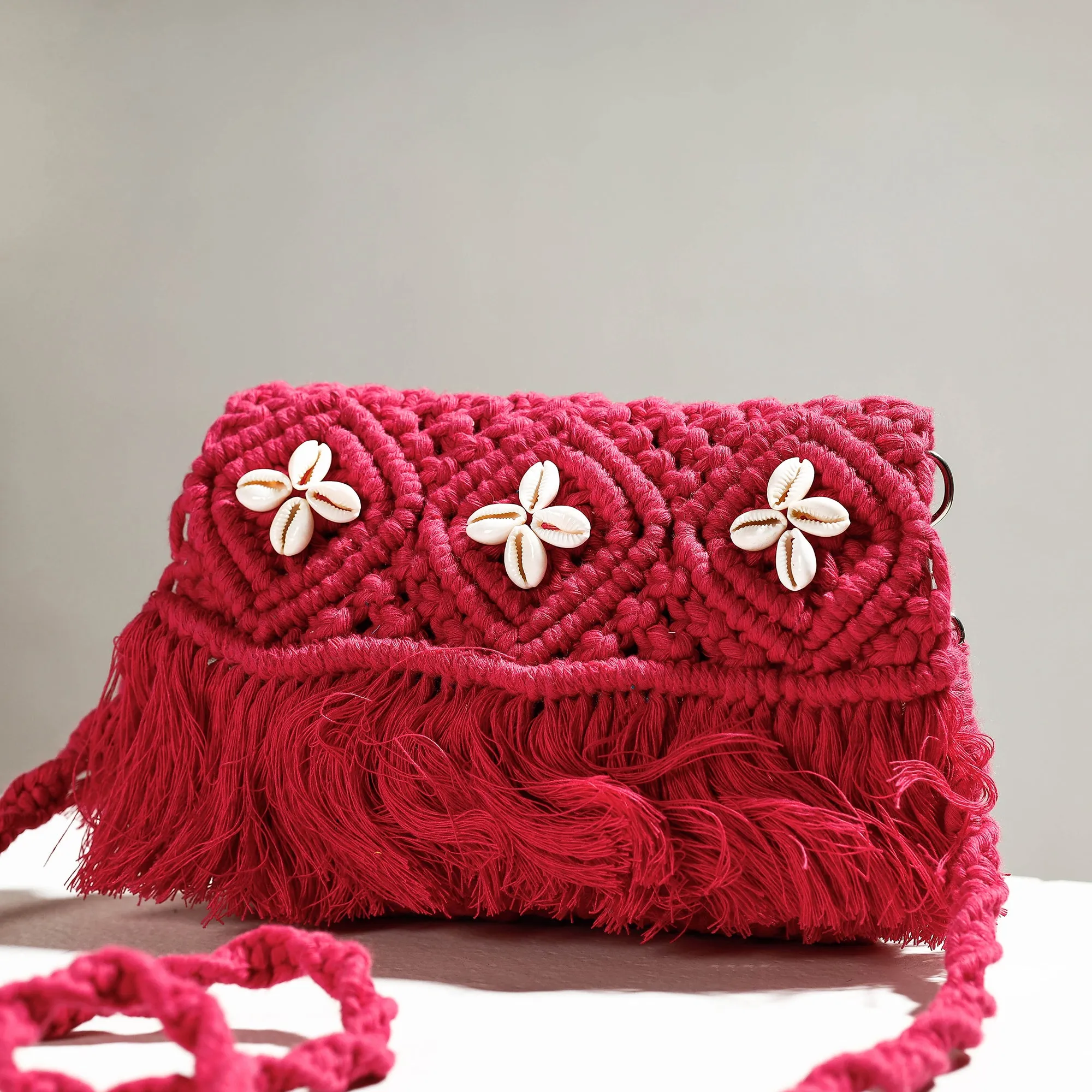 Red - Thread & Shell Work Handcrafted Macrame Sling Bag