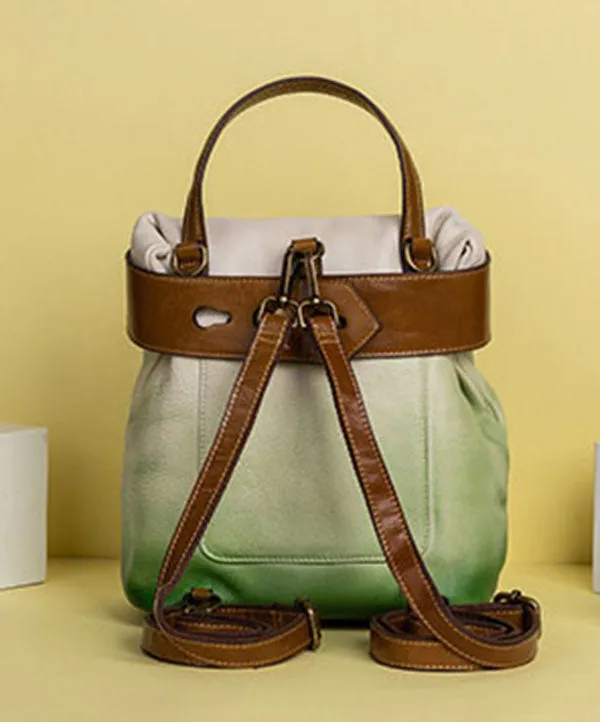 Retro Green Print Paitings Calf Leather Backpack Bag