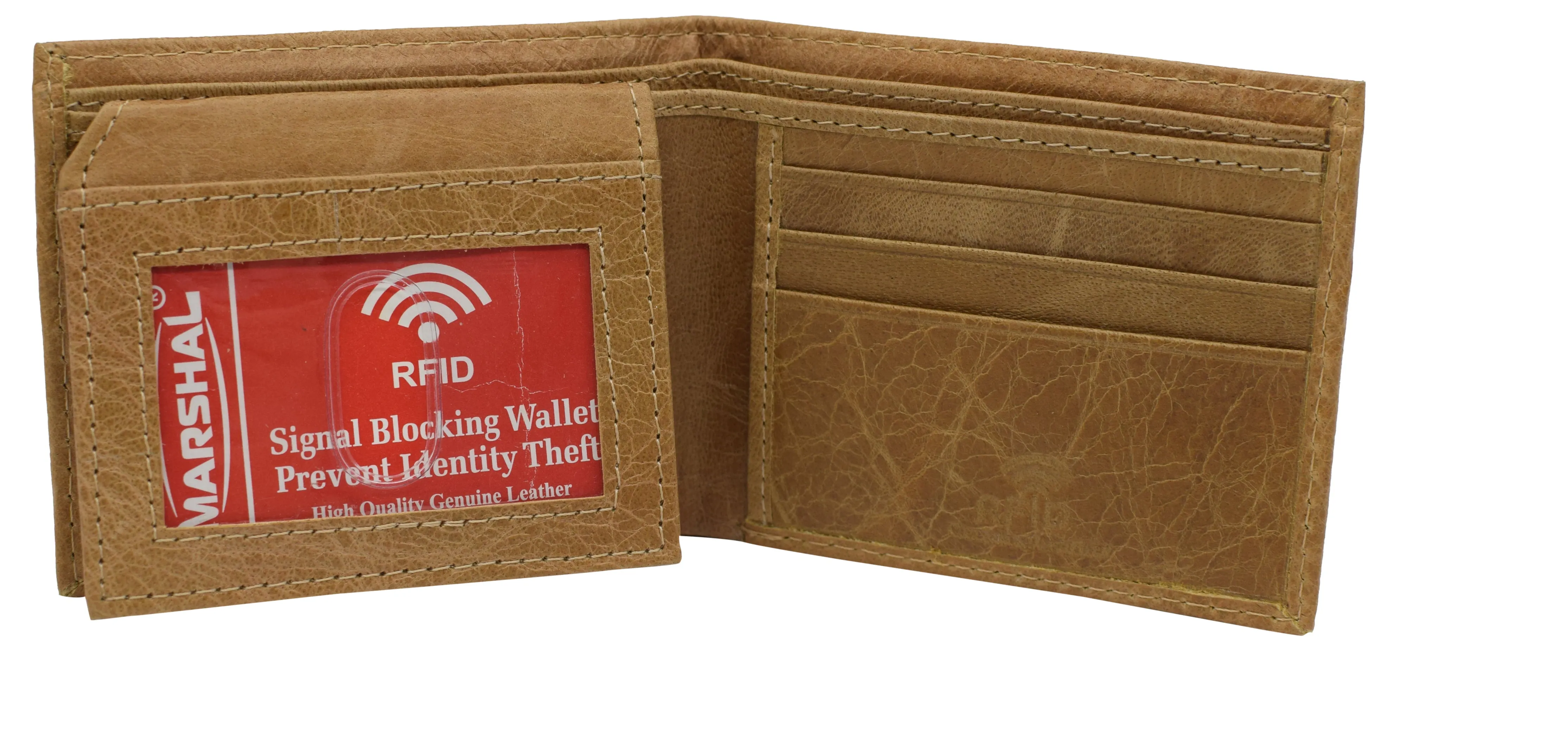 RFID621153TN Cowhide Leather Mens RFID Blocking Flap Up ID Window Bifold Tan Wallet for Men