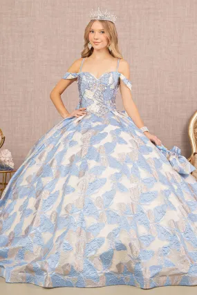 Ribbon Jewel Quinceanera Gown Long Mesh Tail and Mini Bag GLGL3174