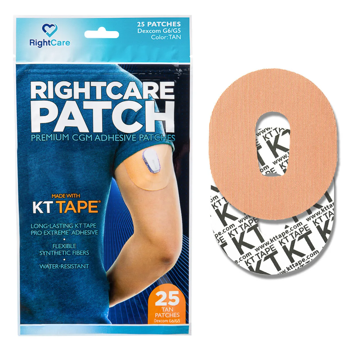 RightCare CGM Adhesive Patch made with KT Tape, Dexcom, Bag of 25