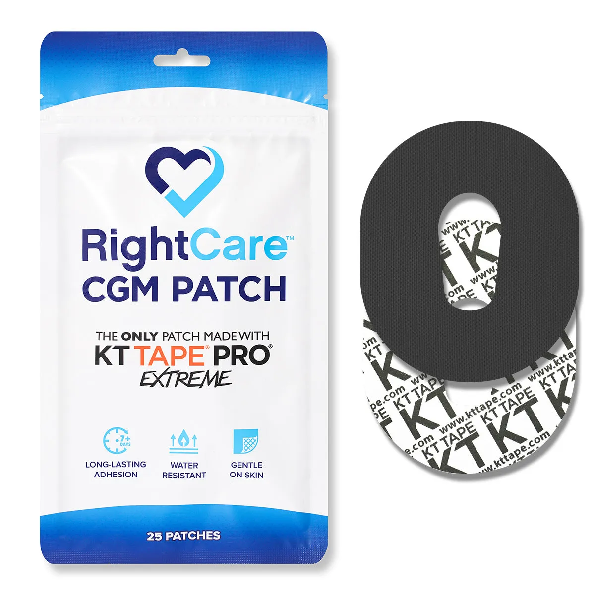 RightCare CGM Adhesive Patch made with KT Tape, Dexcom, Bag of 25