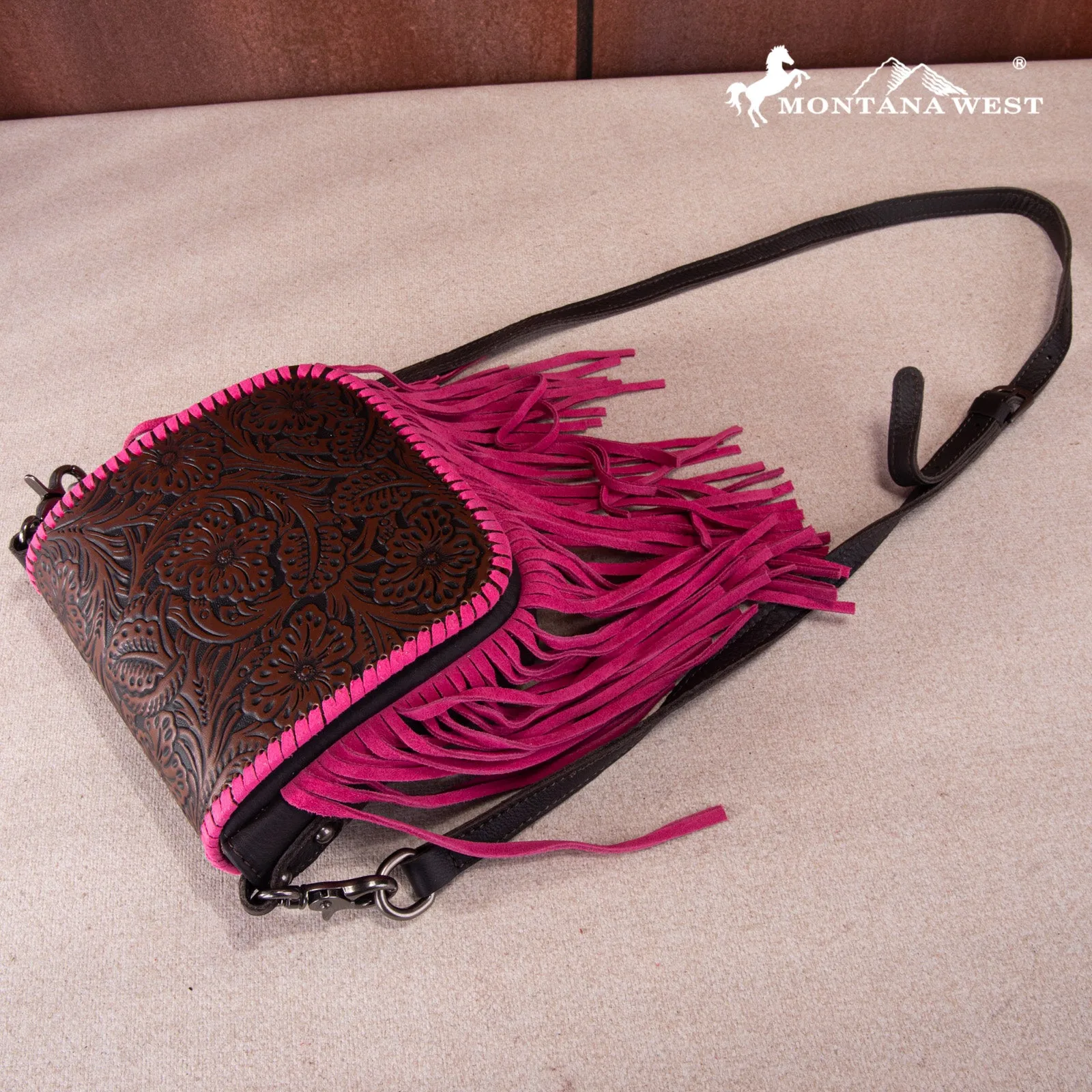 RLC-L159 Montana West Genuine Leather Tooled Collection Fringe Crossbody Coffee-Pink