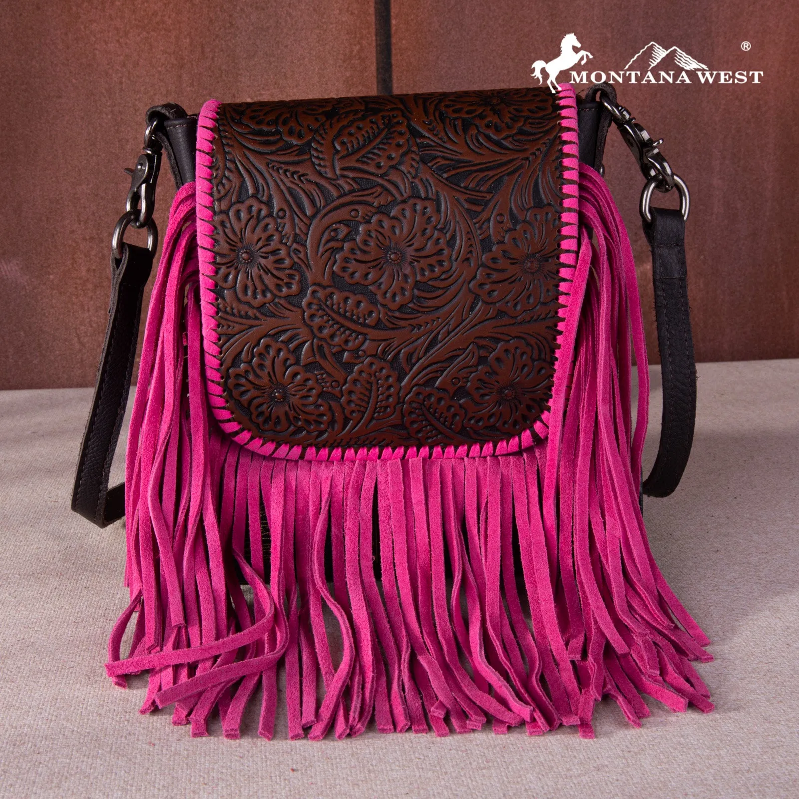 RLC-L159 Montana West Genuine Leather Tooled Collection Fringe Crossbody Coffee-Pink