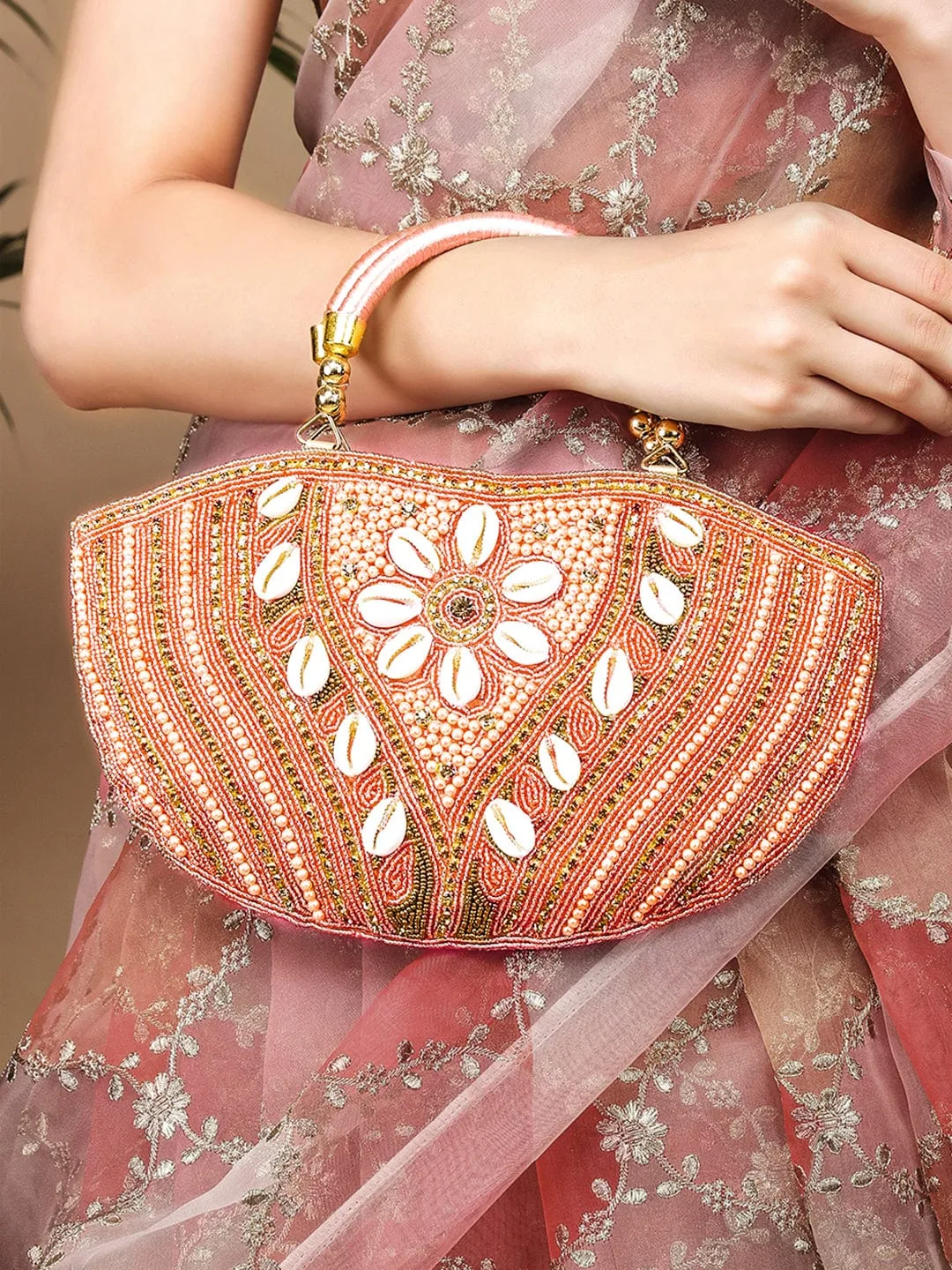 Rubans Handcrafted Peachy Pink Beaded & Shell-Embellished Handbag Floral Design Handle Bag